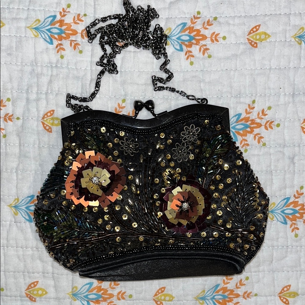 Marmi Vintage 70's Black Floral Beaded Clutch